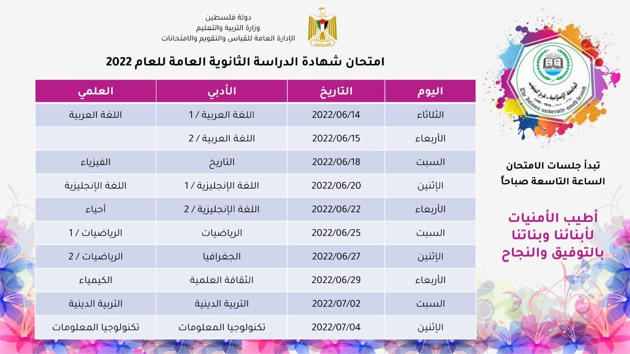 جدول امتحانات الثانوية العامة 2022م
