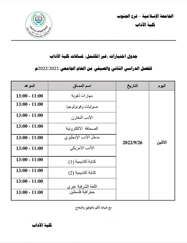 جدول غير المكتمل لمساقات كلية الآداب. 2021/2022م.