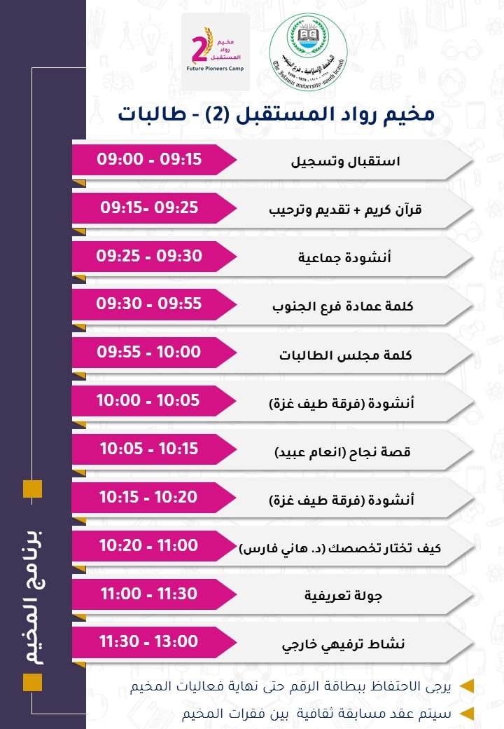 جدول فعاليات مخيم رواد المستقبل 2 لطلبة الثانوية العامة.